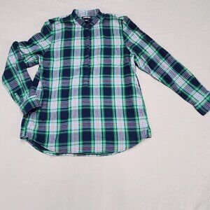 Lands' End Womens L Plaid Flannel Tunic Shirt Band Collar Half Button Green